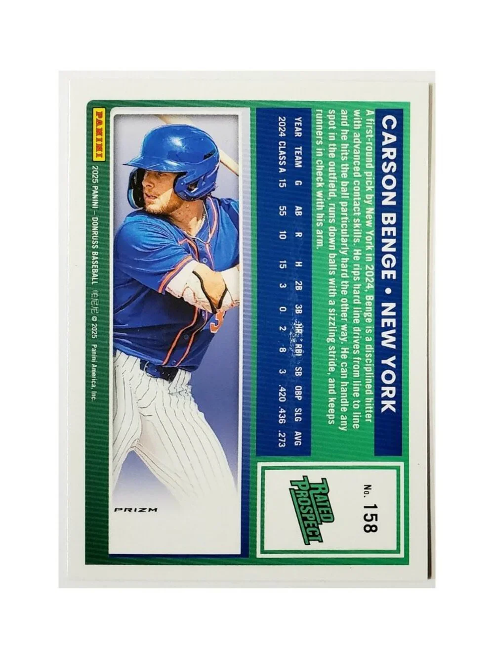 CARSON BENGE ROOKIE ORANGE VELOCITY RATED PROSPECT 2025 DONRUSS OPTIC #158, METS